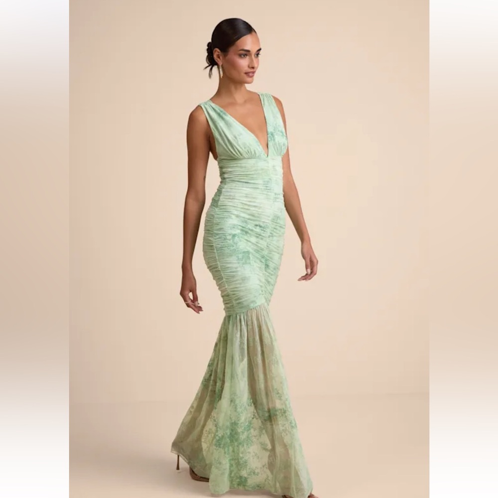 NWT - Lulus Jamie Mint Green Floral Mesh Sheer Hem Maxi Dress - Size L